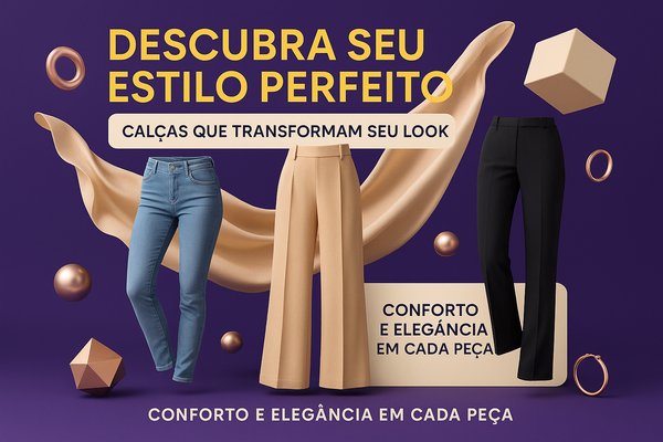 faça um banner em estilo publicitário de calças femininas, faça de maneira profissional e bem estruturado, com diversos elementos, sendo eles realistas e em 3D, posicione os elementos de maneira que fique coerente visualmente, faça o banner com harmonização de cores, sendo as cores: #540496, #fedc6b, #f6f6f6 e outras cores que combinem visualmente, coloque as frases em português brasileiro, faça as frases de maneira a instigar o cliente a ver.