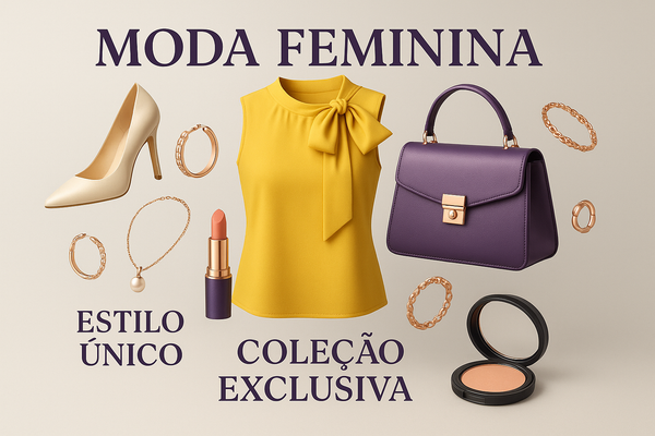 faça um banner em estilo publicitário de moda feminina, faça de maneira profissional e bem estruturado, com diversos elementos, sendo eles realistas e em 3D, posicione os elementos de maneira que fique coerente visualmente, faça o banner com harmonização de cores, sendo as cores: #fedc6b, #540496, #f6f6f6 e outras cores que combinem visualmente, coloque as frases em português brasileiro.