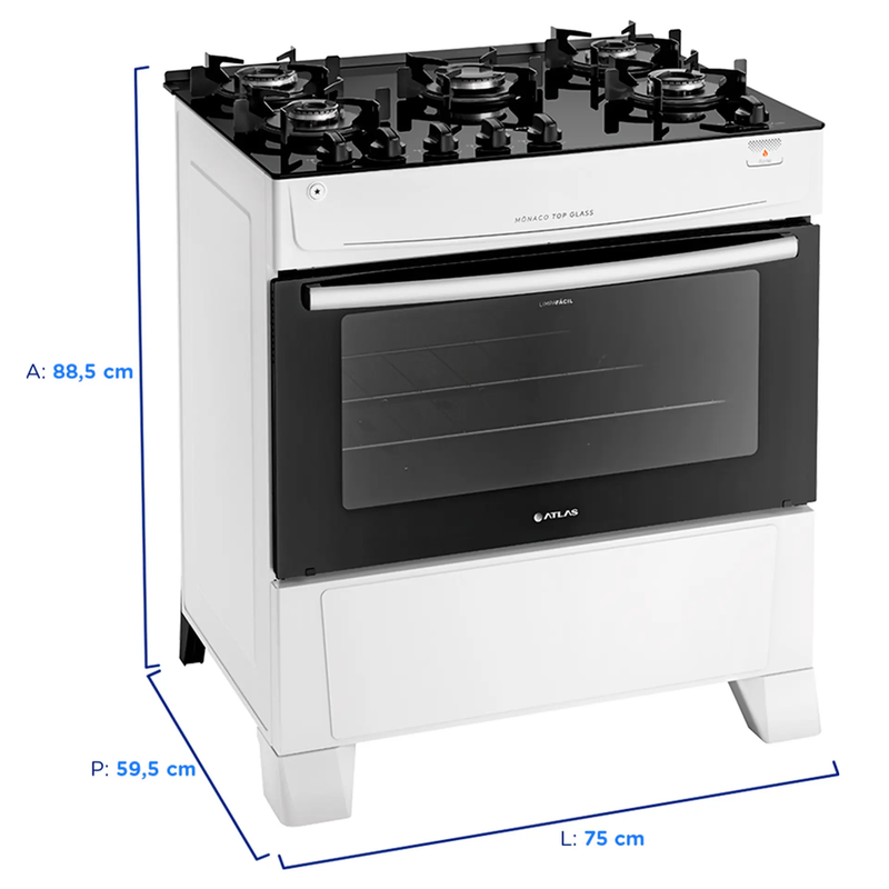 Fogão Atlas 5 Bocas Mônaco Top Glass Acendimento Automático 86,5L