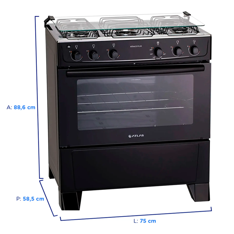 Fogão Atlas Mônaco Plus 5 Bocas Mesa Inox Forno 86,5L Automático
