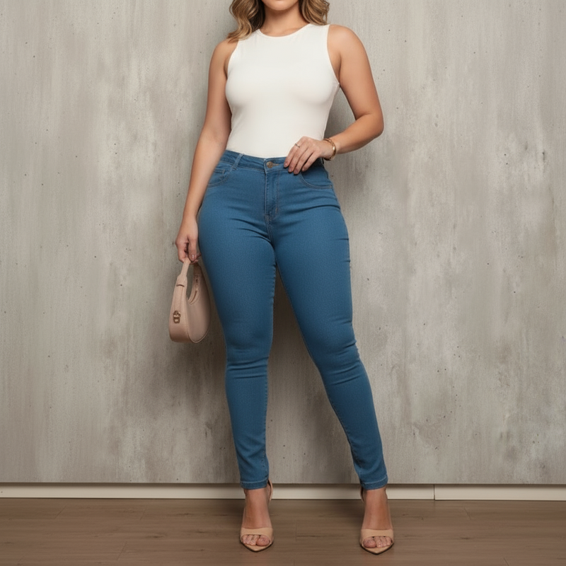 Calças Jeans Slim de Cintura Alta Marmorizada e Lisa