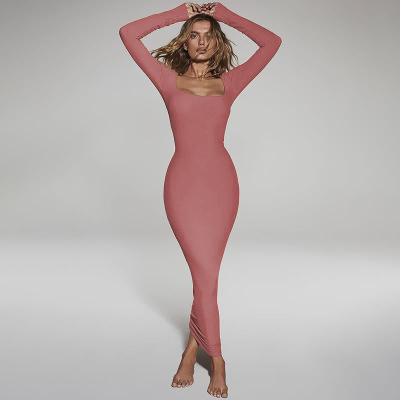 Vestido Europeu De Manga Longa Com Decote Quadrado