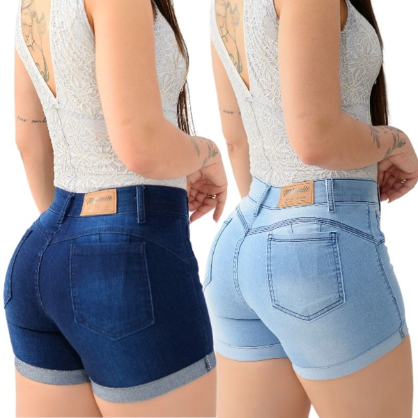 Kit com 2 Shorts Jeans Feminino Azul Claro e Escuro com Barra Dobrada