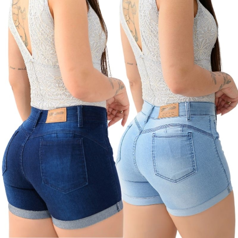 Kit com 2 Shorts Jeans Feminino Azul Claro e Escuro com Barra Dobrada