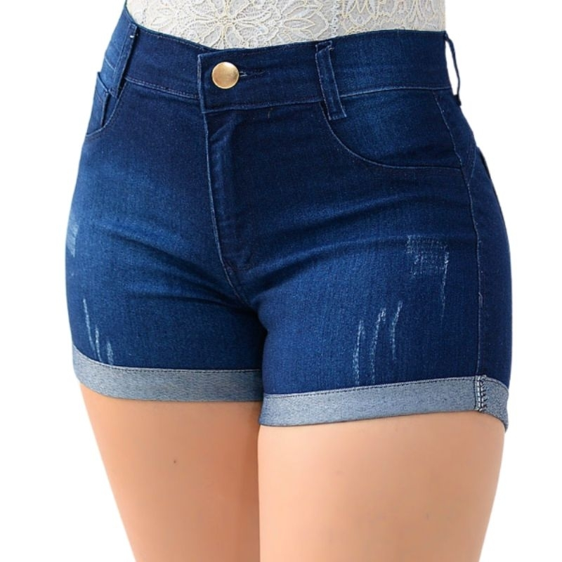 Kit com 2 Shorts Jeans Feminino Azul Claro e Escuro com Barra Dobrada