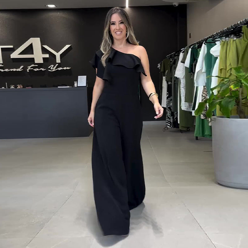 Macacão Elegante de Um Ombro com Babado