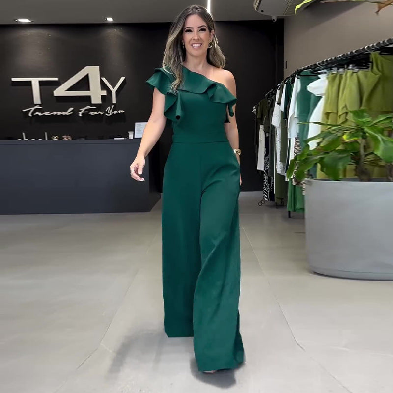 Macacão Elegante de Um Ombro com Babado