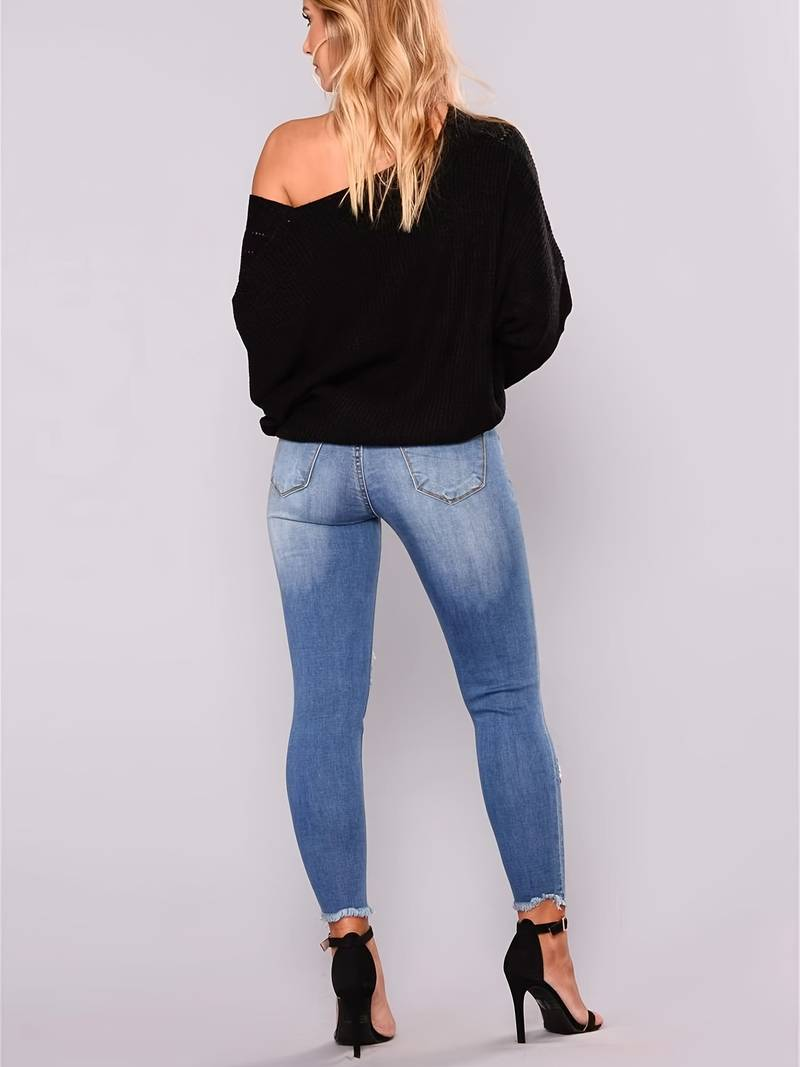Calça Jeans Skinny Destroyed de Cintura Alta