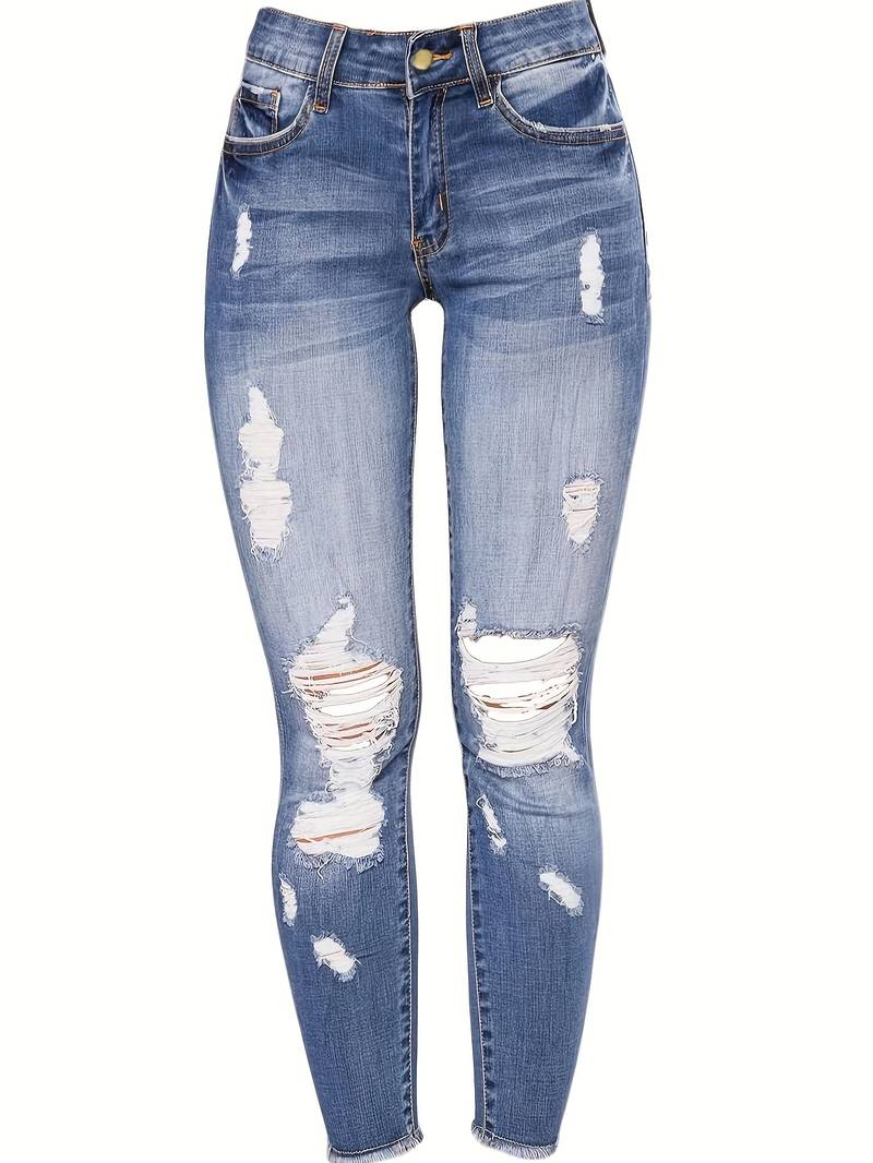 Calça Jeans Skinny Destroyed de Cintura Alta