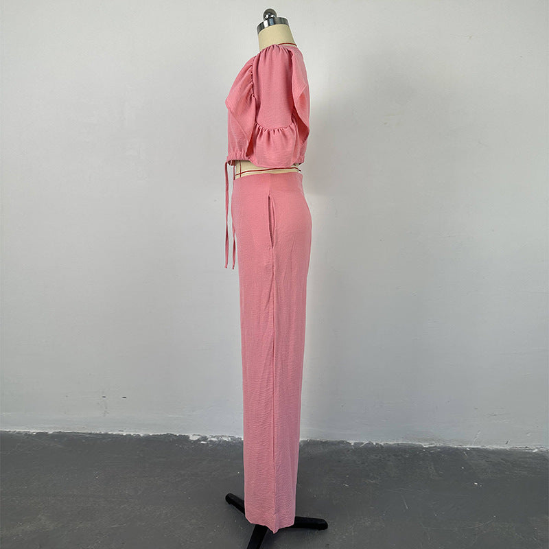 Conjunto Feminino de Blusa e Calça com Mangas Bufantes