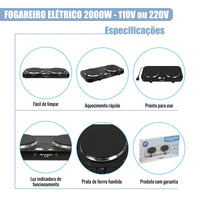 Fogão Elétrico Portátil de 2 Bocas com 2000W em Cada