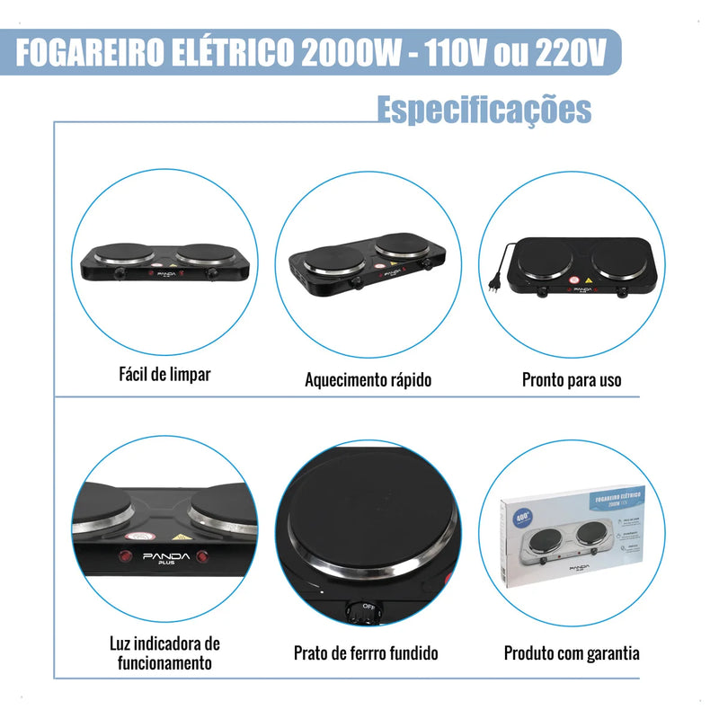 Fogão Elétrico Portátil de 2 Bocas com 2000W em Cada