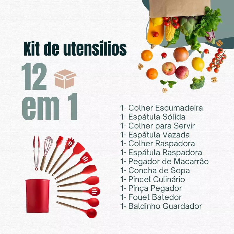 Kit C/12 Utensílios De Cozinha Nylon Ability com Cabo de Madeira Oak