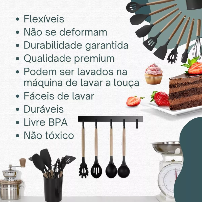 Kit C/12 Utensílios De Cozinha Nylon Ability com Cabo de Madeira Oak