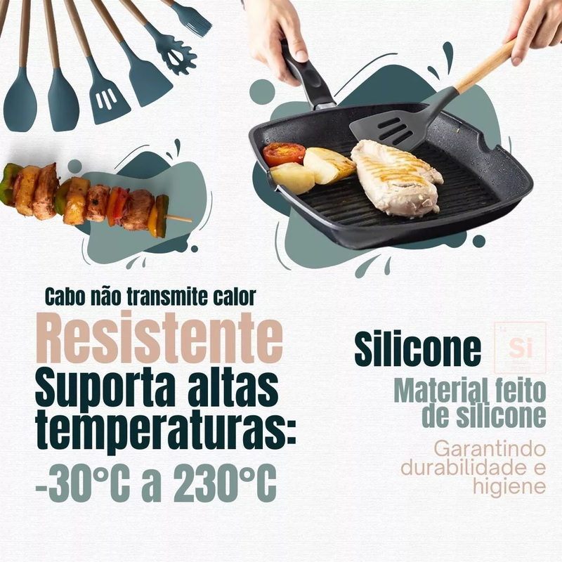 Kit C/12 Utensílios De Cozinha Nylon Ability com Cabo de Madeira Oak