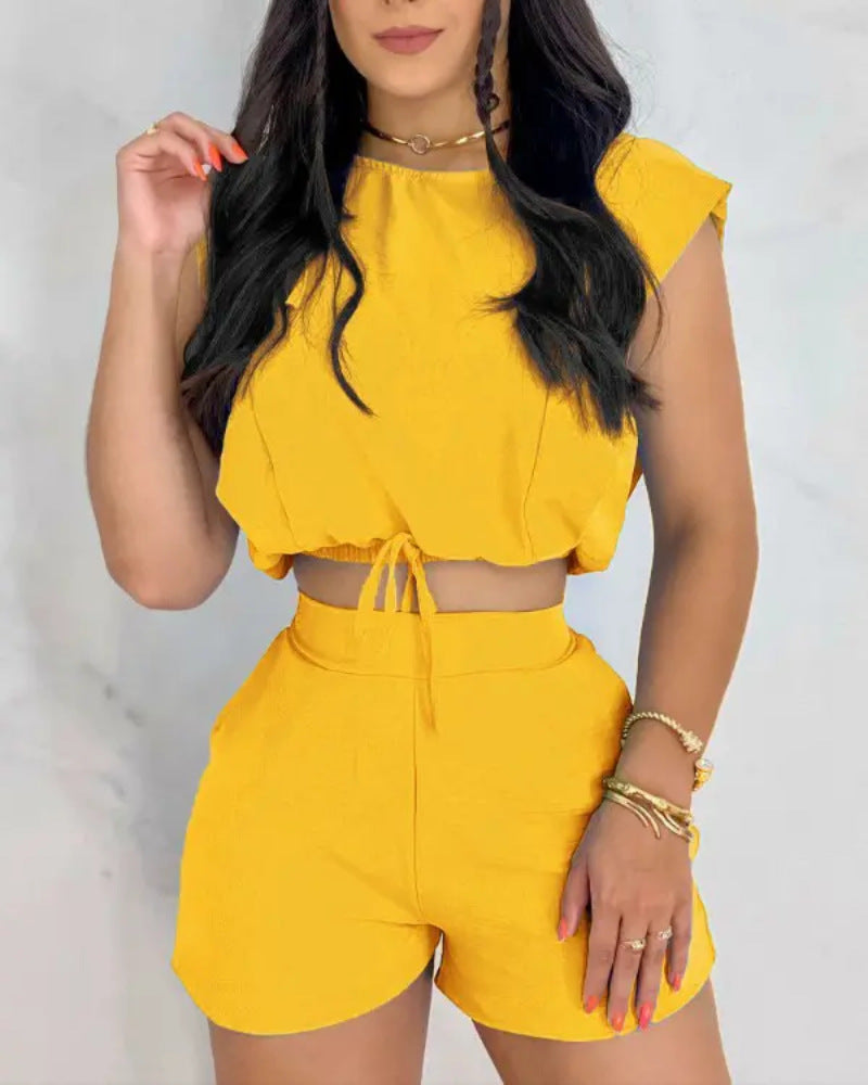 Conjunto Feminino Cropped e Short de Cintura Alta