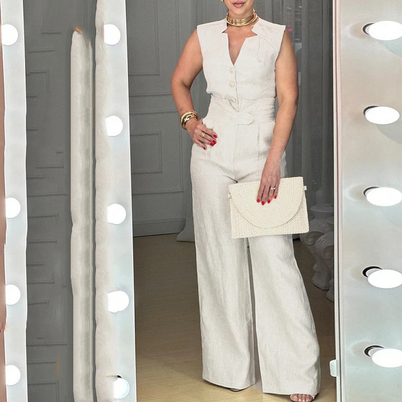 Macacão Elegante Sem Mangas com Decote em V