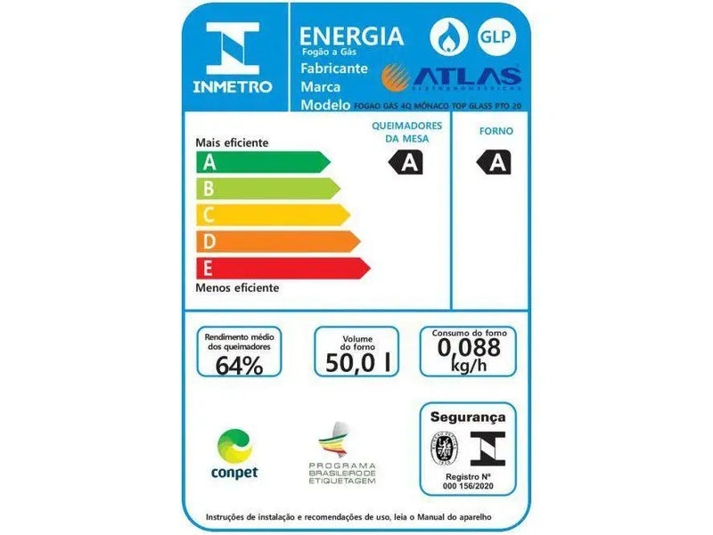 Fogão 4 Bocas Preto com Mesa de Vidro Atlas Mônaco Top Glass - Bivolt