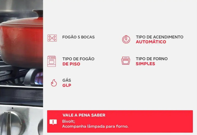 Fogão de 5 Bocas Dako Piso Magister com Mesa de Vidro Preto - Bivolt