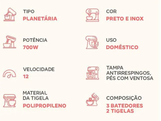 Batedeira Planetário Mondial Preto e Inox 700W - 110V