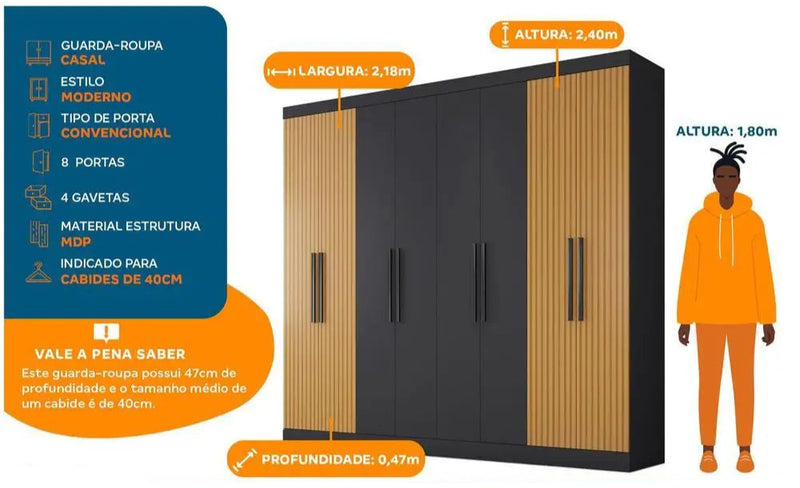 Guarda-roupa Casal 8 Portas 4 Gavetas Porto da Arabac
