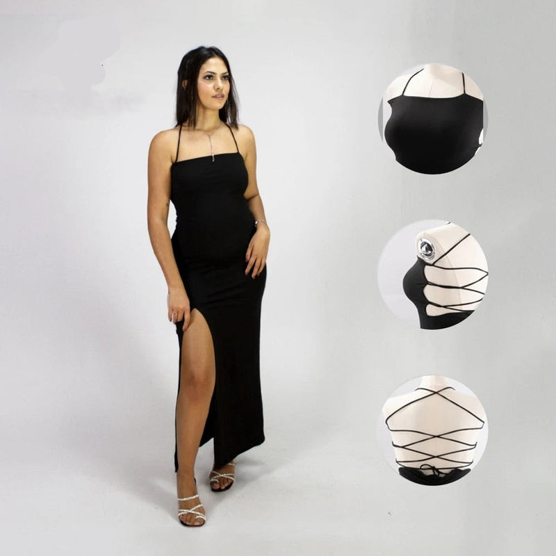 Vestido Longo Fendas Trançadas Elegante