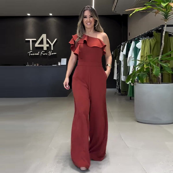 Macacão Elegante de Um Ombro com Babado