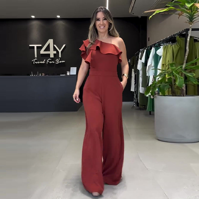 Macacão Elegante de Um Ombro com Babado