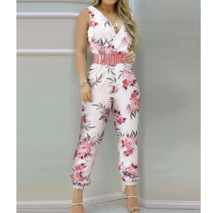 Macacão Estampado com Cinto e Decote Transpassado