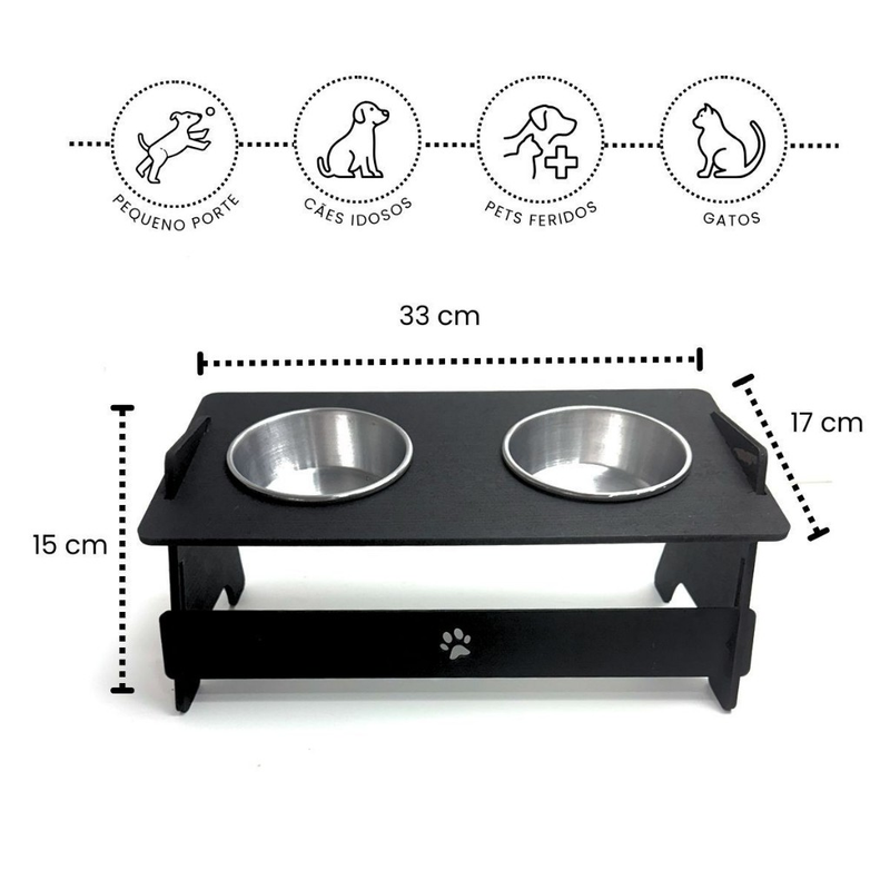 Comedouro para Pet em MDF Individual ou Dupla com Potes em Inox