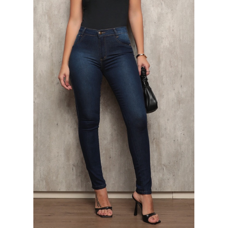 Calças Jeans Slim de Cintura Alta Marmorizada e Lisa