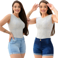 Kit com 2 Shorts Jeans Feminino Azul Claro e Escuro com Barra Dobrada