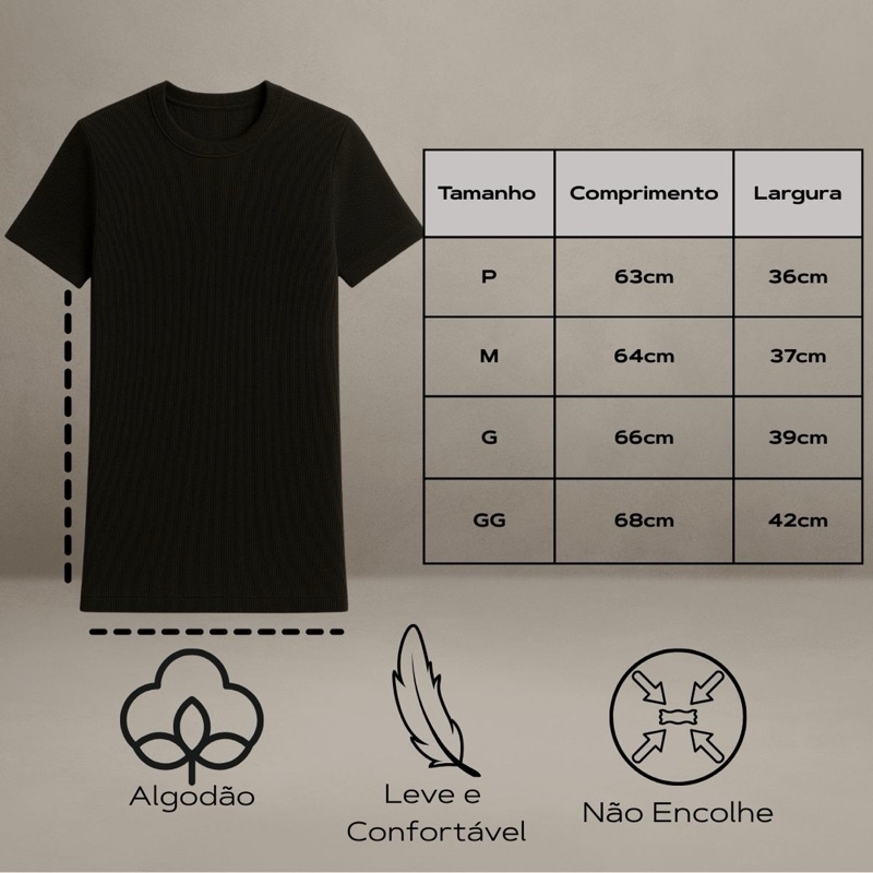 Kit 3 Camisetas Masculinas Slim Caneladas em Tecido Ribana Premium