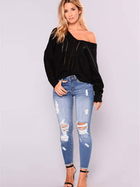 Calça Jeans Skinny Destroyed de Cintura Alta