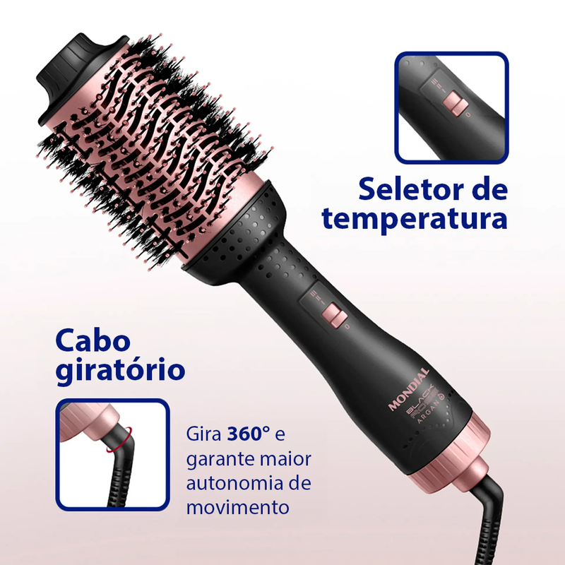 Escova Secadora Mondial Black Rose Argan 1 Velocidade 3 Temperaturas 1200W