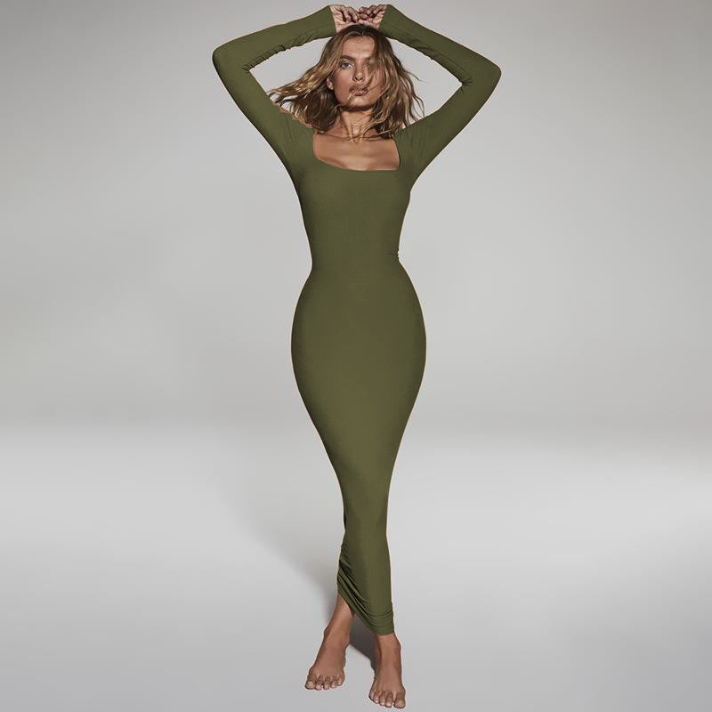 Vestido Europeu De Manga Longa Com Decote Quadrado