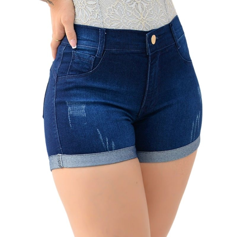 Kit com 2 Shorts Jeans Feminino Azul Claro e Escuro com Barra Dobrada