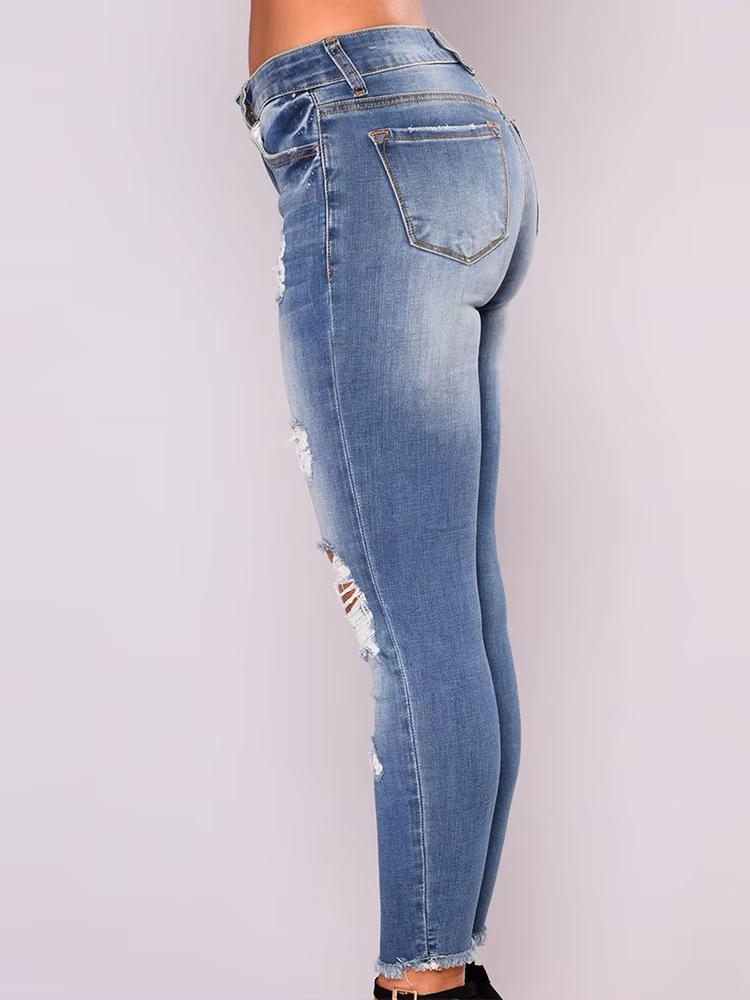 Calça Jeans Skinny Destroyed de Cintura Alta