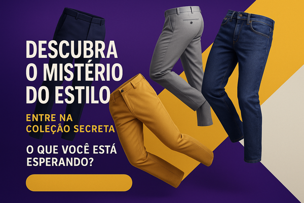 faça um banner em estilo publicitário de calças masculinas, faça de maneira profissional e bem estruturado, com diversos elementos realistas e em 3D,posicionados de maneira coerente visualmente, faça o banner com harmonização de cores, sendo as cores: #540496, #fedc6b e #F6F6F6 e outras cores que também combinam com essas, coloque as frases em português brasileiro e de maneira misteriosa e para instigar o cliente a entrar na coleção. 