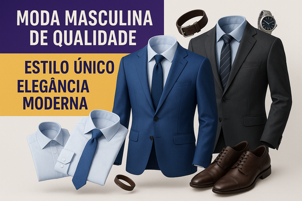 faça um banner em estilo publicitário de moda masculina, faça de maneira profissional e bem estruturado, com diversos elementos realistas e em 3D,posicionados de maneira coerente visualmente, faça o banner com harmonização de cores, sendo as cores: #540496, #fedc6b e #F6F6F6 e outras cores que também combinam com essas, coloque as frases em português brasileiro.