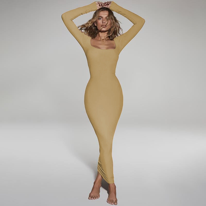 Vestido Europeu De Manga Longa Com Decote Quadrado