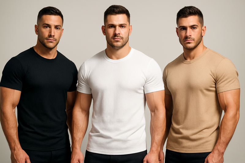 gere 3 homens musculosos usando camisetas caneladas de manga curta nas cores: preto, branco e areia