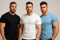 gere 3 homens musculosos usando camisetas caneladas de manga curta nas cores: preto, branco e azul claro