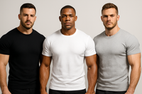 gere 3 homens musculosos usando camisetas caneladas de manga curta nas cores: preto, branco e cinza claro