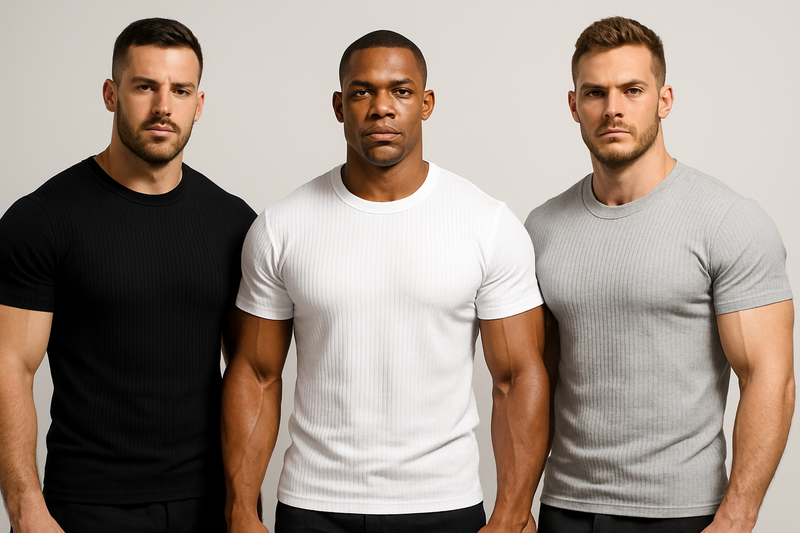 gere 3 homens musculosos usando camisetas caneladas de manga curta nas cores: preto, branco e cinza claro