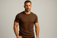 gere um homem musculoso mas não tão exagerado usando uma camiseta canelada de manga curta de cor marrom