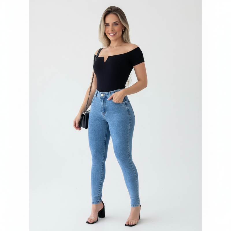 Calças Jeans Slim de Cintura Alta Marmorizada e Lisa