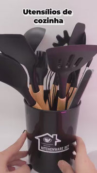 Kit C/12 Utensílios De Cozinha Nylon Ability com Cabo de Madeira Oak