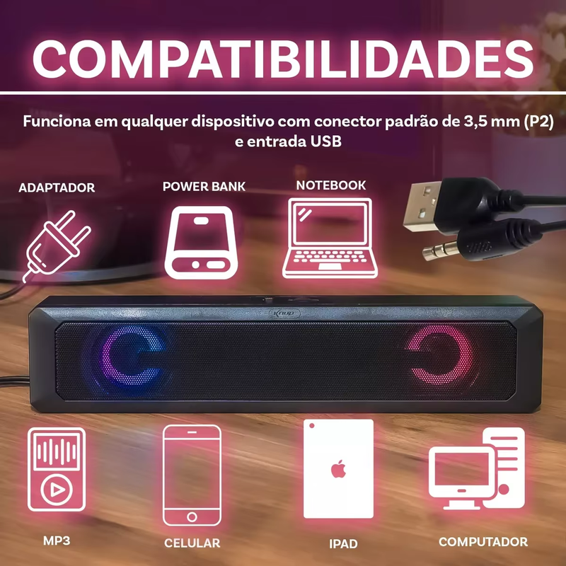 Caixa de Som Soundbar Gamer com LEDs RGB