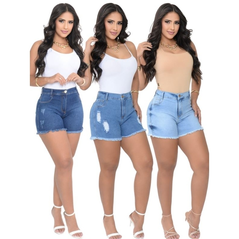 Kit com 3 Shorts Jeans Femininos de Cintura Alta com Elastano